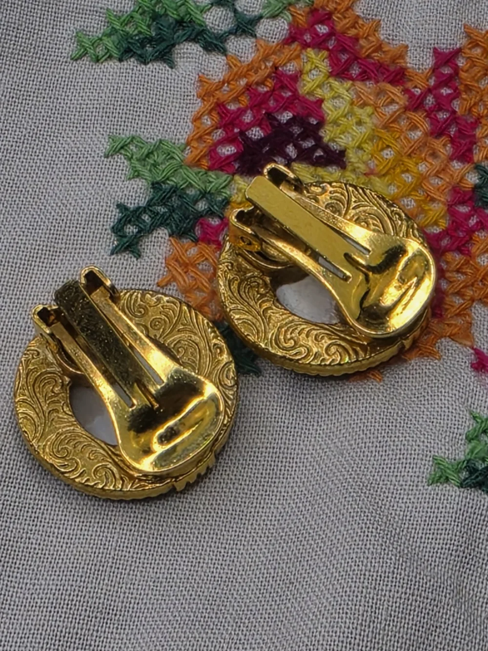 1928 Brand Mother Of Pearl Blue Enamel Golden Clip Earrings